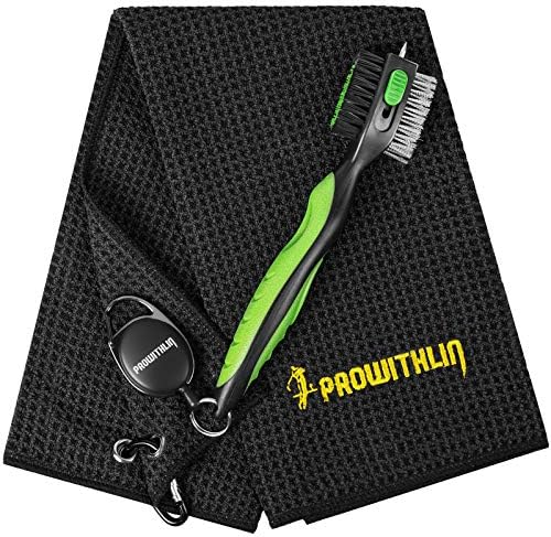 51Zg0DrYfOL._AC_.jpg Golf Towel Golf Club Brush Set, Microfiber Waffle Pattern Tri-fold Towel Black, Golf Club Groove Cleaner with Retractable 2ft Zip-line Carabiner, Golf Gifts Golf Accessories for Men( golf brush Green) - Image 1