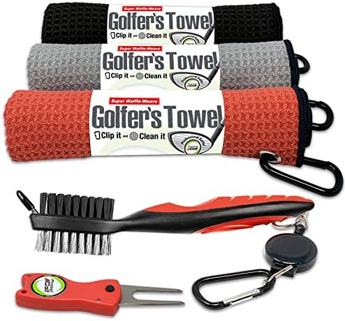 51e66zsHC-L._AC_.jpg Fireball Golf Towel Gifts and Accessories Set (many colors) - 3 golf towels, golf divot tool, ball marker, and golf cleaning brush, golf gifts for men, women, children - Image 1