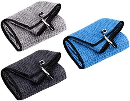 Favritt 3 Pack Tri-fold Golf Towel,Premium Microfiber Fabric Waffle Pattern Towel,Heavy Duty Carabiner Clip,Golf Accessories for Men（3 Colors,3Pcs）