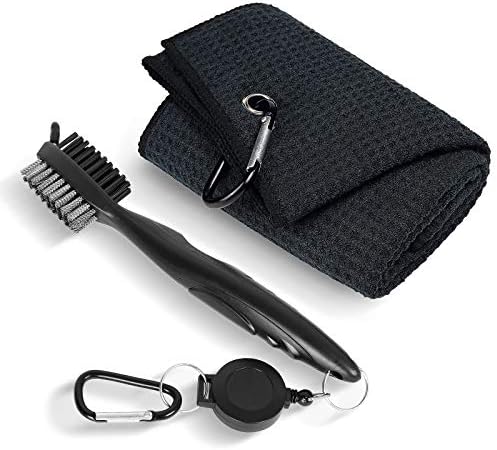 51j8A2Rq6WL._AC_.jpg Golf Towel for Golf Bags with Clip,Waffle Pattern Tri-fold Microfiber Towel with Cleaning Brush Retractable Extension Cord,Golf Gifts for Men Women Kids (Black Towel+Black Brush, 16" x 24") - Image 1