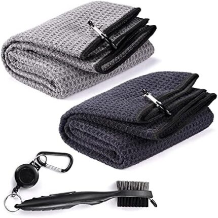 Fpxnb 2Pcs Golf Towel and 1Pc Golf Club Brush, Microfiber Fabric Waffle Pattern Towels, Club Groove Cleaner, Heavy Duty Retractable Zip-line Carabiner Clip