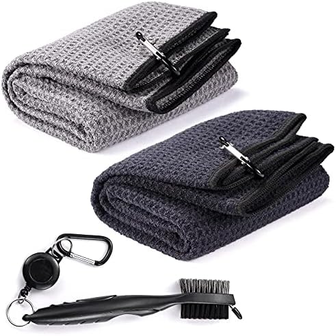 51knf8Hs7NS._AC_.jpg Fpxnb 2Pcs Golf Towel and 1Pc Golf Club Brush, Microfiber Fabric Waffle Pattern Towels, Club Groove Cleaner, Heavy Duty Retractable Zip-line Carabiner Clip - Image 1