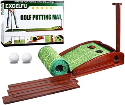 EXCELFU Putting Mat Golf Green for Indoor and Outdoor with Auto Ball Return, Crystal Velvet Mat and Wood Golf Putting Practice Equipment for Men Women, Home Office Backyard