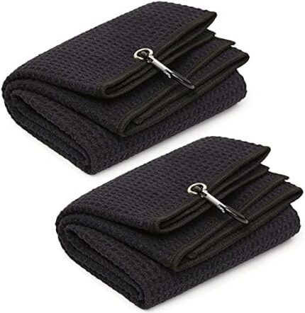 2 Packs Tri-fold Golf Towel Set Black Microfiber Fabric Waffle Pattern Towels Golf Towels for Golf Bags for Men