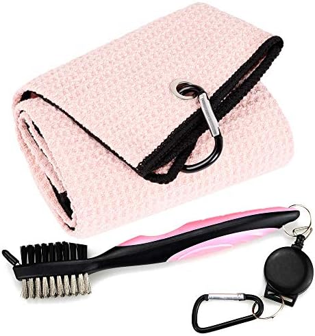 51mXd9nIsL._AC_.jpg Mile High Life Microfiber Waffle Pattern Tri-fold Golf Towel | Brush Tool Kit with Club Groove Cleaner, Retractable Extension Cord and Clip - Image 1