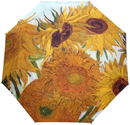 JSTEL Van Gogh Sunflower Windproof UV Umbrellas Auto Open Close 3 Folding Golf Strong Durable Compact Travel Sun Umbrella, Portable Lightweight Easy Carrying
