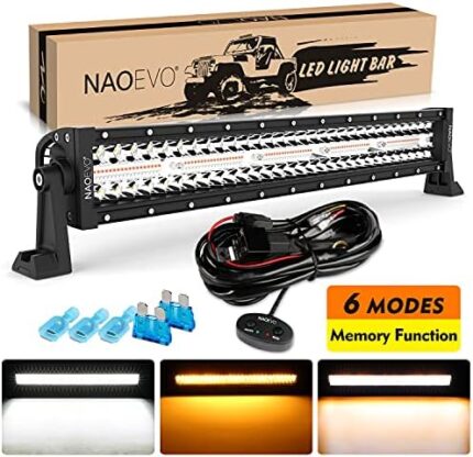 NAOEVO 22" 160W Spot Flood LED Light Bar Amber White Off Road Lighting, 6 Modes Memory Function Driving Work Light with 10FT 3 Leads Wiring Harness for Truck Boat Tractor Jeep Pickup Golf Cart