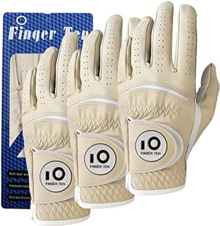 Golf Gloves Men Left Hand Rain Grip Value 3 Pack, All Weather Durable Grip Size Small Medium Large XL White Black Blue Red Brown