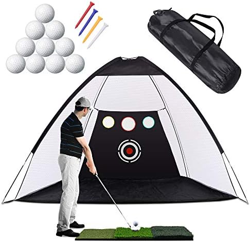 51pxV3mq-2L._AC_.jpg Golf Practice Net, 10 x 7ft Golf Hitting Net Sets with Chipping Target Pockets,Golf Training Aids Practice Net Set - 3 in 1 Foldable Golf Mat -10 Golf Balls - 4 Golf Tees, Indoor and Outdoor Golf - Image 1
