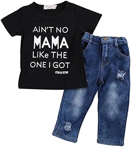 Toddler Baby Boy Clothes Sets Casual Letter Printed T-Shirt Funny Top Tee + Denim Holes Pants Outfits