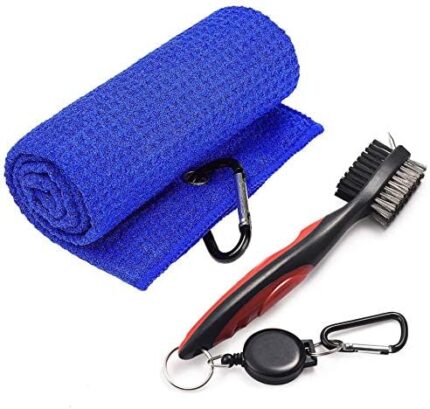 Gzingen Microfiber Waffle Tri-fold Golf Towel with Golf Brush Tool Kit, Club Groove Cleaner Cleaning Brush with Retractable Extension Cord and Clip