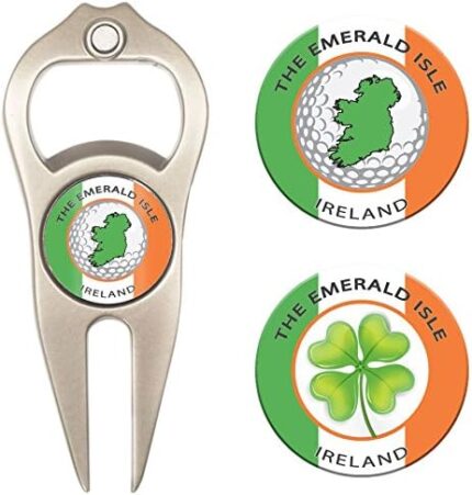Hat Trick Openers 6-in-1 Golf Divot Tool & Poker Chip Marker Set with Ireland Logo, Nickel