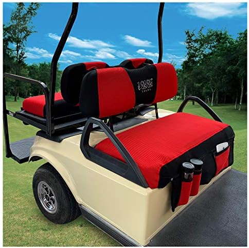 51vDHjyLkHL._AC_.jpg 10L0L Golf Cart Front and Rear Seat Cover Sets for EZGO TXT RXV & Club Car DS, Front Seat Cover with Storage Bags Breathable Washable Polyester Mesh Cloth Black Gray Red(Front and Back Seat Cover) - Image 1
