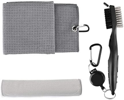 Golf Towels, Rescoto Golf Towel Golf Club Brush Sport Cooling Towel Set Microfiber Waffle Pattern Tri-fold Towel Club Groove Cleaner Brush with Clip Golf Gifts for Men Women