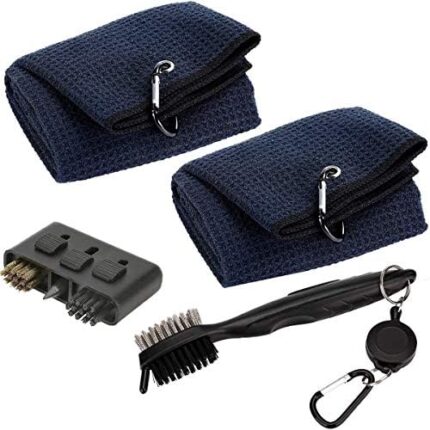 Gzingen Golf Accessories Gift Set-2 Packs Golf Towel Microfiber Waffle Pattern, Club Groove Cleaner Brush Club Groove Sharpener, Pocket Size Cleaning Tool Golf Gifts Accessories Set (4 in 1 Pack)
