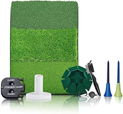 Aura Concepts Golf Hitting Mat for Backyard - XL Tri-Turf 24" x 25" with Rubber and Plastic Tees Bonus Golf Brush, Score Counter & Green Putting Cup for Indoor or Outdoor Swing Practice and Training