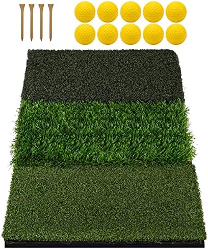 Keenstone Tri-Turf Golf Hitting Mat, Portable Golf Grass Mat for Driving, Chipping Practice Training with Adjustable Tees and Foam Practice Balls, Ideal for Indoor or Outdoor Training