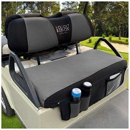 10L0L Newest Golf Cart Seat Cover Set with Storage Bags Fit for EZGO TXT RXV & Club Car DS, Keep Warm Bench Seat Covers Breathable Washable Polyester Mesh Cloth Gray Black Red - Small