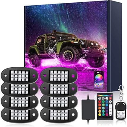 AMBOTHER LED RGB Rock Lights 120 LEDs 8 Pods Underglow APP Multicolor Music Sync Waterproof Neon with 24 Key 4 Key Remote Controller Exterior Under Glow Light for Trucks Car Off Road